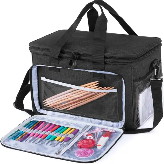 Knitting Bag Yarn Organizer with Cover & Divider &ndash; Black Tote for Crochet Hooks, Needles & Projects {2}
