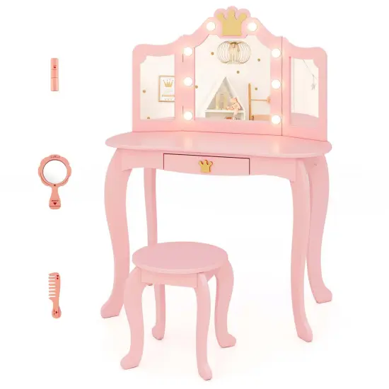 Costway Kids Vanity Set Princess Vanity Table & Chair Set with Lighted Mirror White/Pink/Purple {9}