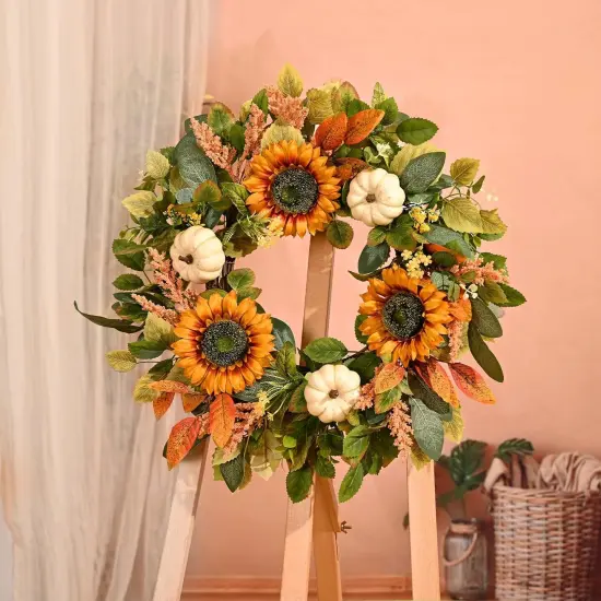 22in Sunflower Fall Door Wreath with Pumpkin {5}