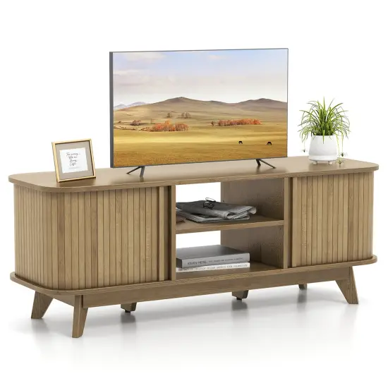 Costway TV Stand for TV up to 55 Inch Television Cabinet with 2 Open Shelves Sliding Doors {1}