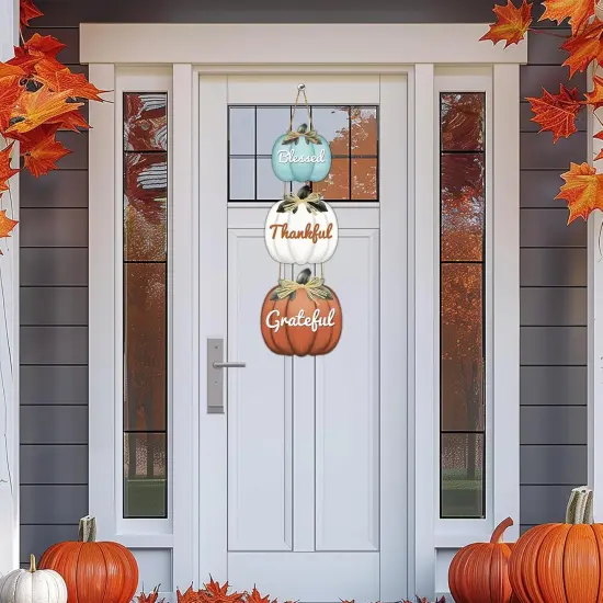 Pumpkin Wall Decor with Raffia Bow Blessed Grateful Thankful Sign {2}