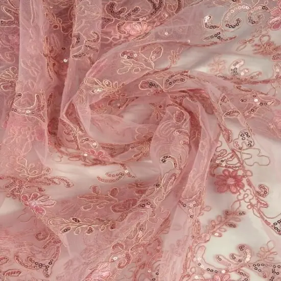 1 Yard Light Pink Corded Sequin Lace Mesh Fabric with Double Scalloped Edge 54&rdquo; Wide {3}