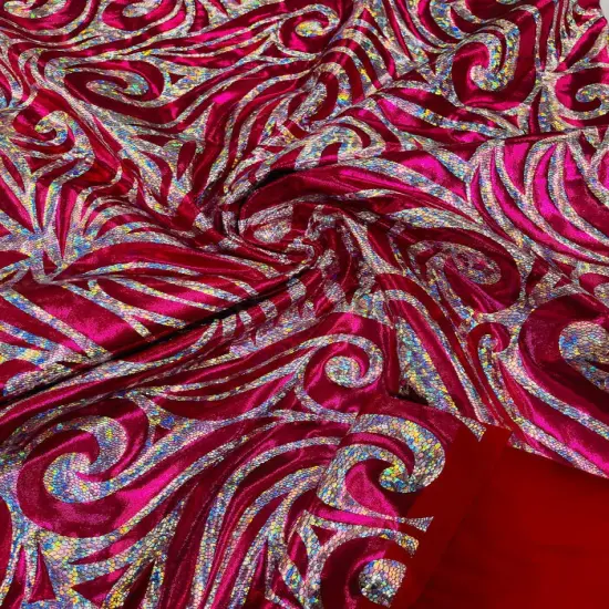 1 Yard Foil Flame Spandex Fabric Holographic Lame Print Stretch Polyester Blend 58-60 inches width Fuchsia Silver Holo {1}