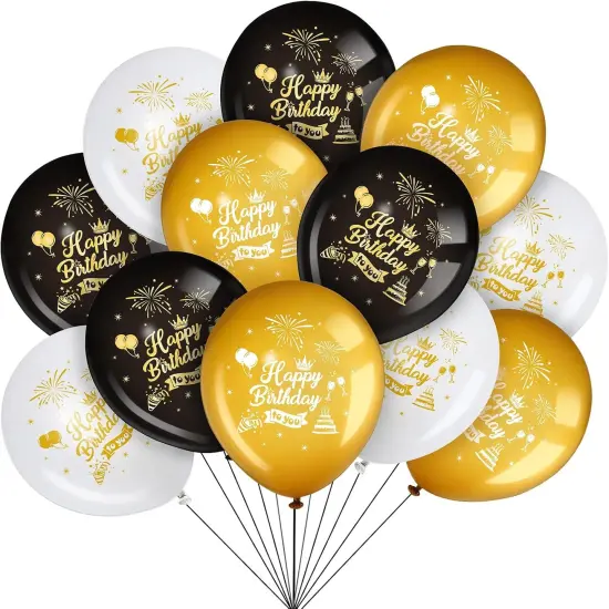45 Pieces 12 Inch Happy Birthday Balloons Black Gold White Latex Balloons {1}