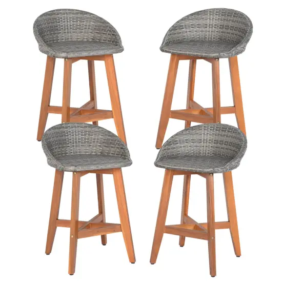 Costway Outdoor Faux Rattan Bar Chairs Set of 2/4 Solid Acacia Wood Bar Stools for Porch Brown/Gray {10}