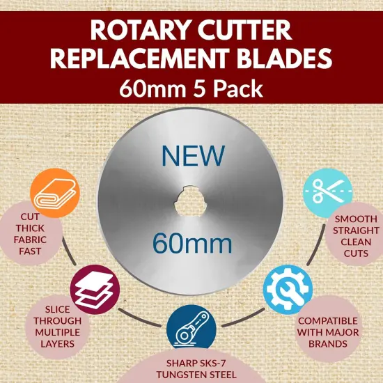 60mm Rotary Cutter Replacement Blades, 5 Tungsten Steel Blades | Cuts Thick Layers of Fabric, Felt, Leather and Vinyl &ndash; Compatible with Fiskars, Olfa, Clover and Other Brands {2}