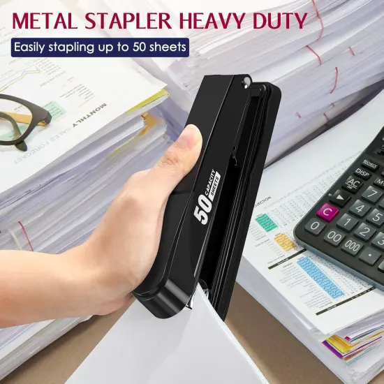 Metal Stapler Heavy Duty 50 Sheet Capacity with 1750 Staples and Staple Remover, Full Strip Staplers for Desk, No Jam, Non-Slip Office Stapler with Staples for Office & Classroom, Black {3}