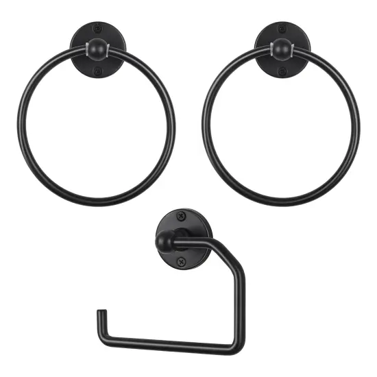 3-Piece Rustproof Bathroom Accessories Set Modern Toilet Paper Holder + 2 Towel Rings for Stylish Bathroom Storage Easy Install Black {1}