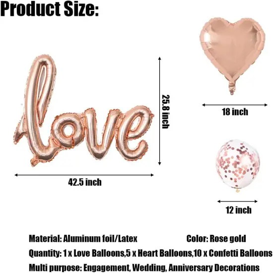 Valentines Day Decorations 42 Inch LOVE Foil Balloons 18 inch Heart Mylar Balloons 12 inch Confetti Balloons for Wedding Engagement Anniversary Party Decorations Supplies (Rose Gold) {2}