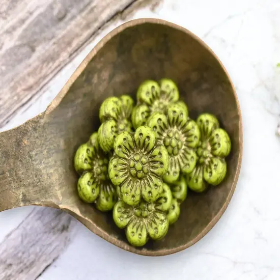 *12* 14mm Dark Bronze Washed Opaque Gaspeite Green Wildflower Beads {4}