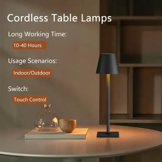 Cordless Table Lamp Rechargeable Lamps: 6000mAh Battery Operated Table Lamp Outdoor Waterproof, Touch Control, Portable Wireless Desk Lamp for Dinner/Bedroom/Restaurant(Black 2 Pack) {3}