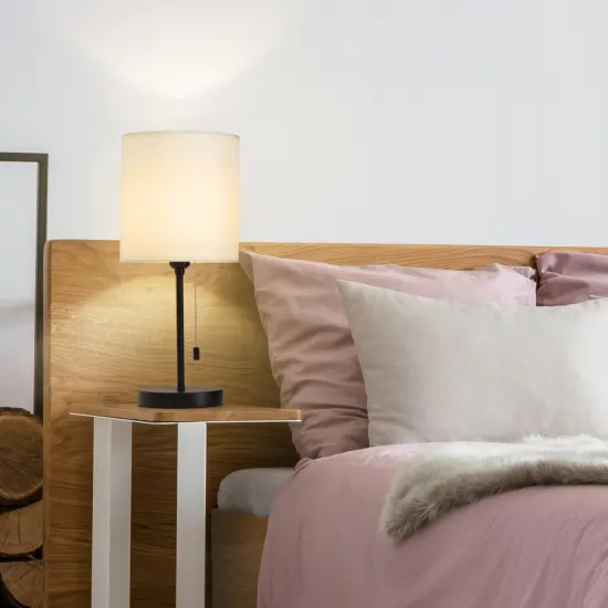 Modern Table Lamp, Simple with Cream Fabric Shade, Pull Chain Switch {4}