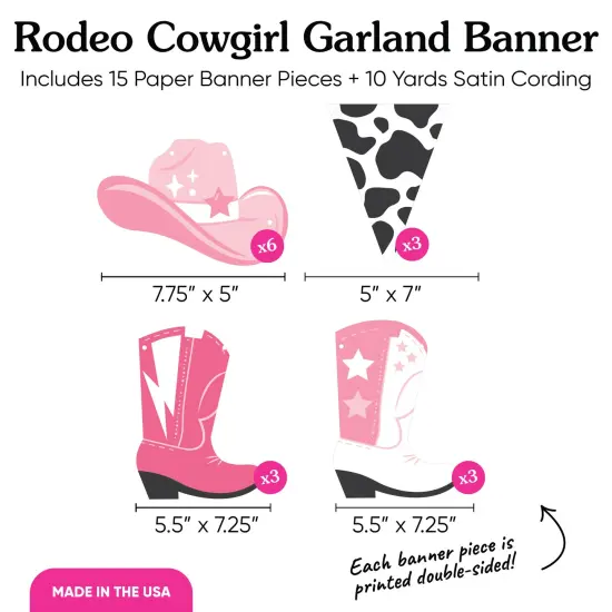 Big Dot of Happiness Rodeo Cowgirl Garland Banner, Pink Western Party Decorations Banner, 30 Feet of Cord, 15 Double-Sided Pink Cowgirl Hat, Boots, Cow Print Pennant {5}