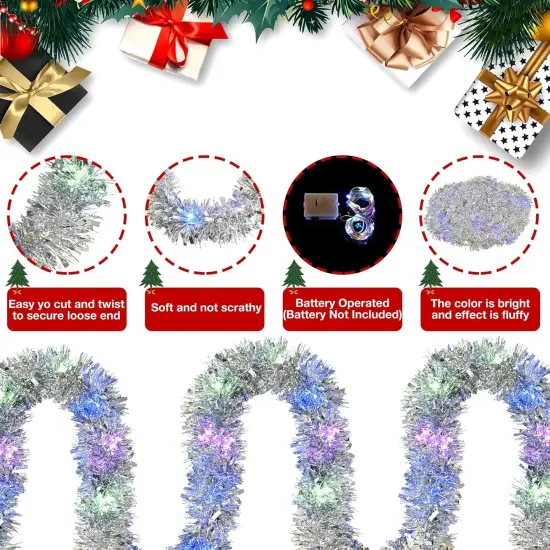 33FT Prelit Christmas Tinsel Garland Silver Metallic Twist Tinsel Garland with LED Lights Battery Operated Hanging Garland Decoration for Christmas Tree Stairs Mantle Decoration {3}