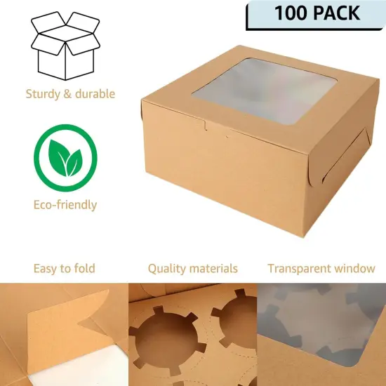 100 PCS Cupcake Boxes with Window 4 Count Cupcake Containers 6x6x3 Inch Brown Kraft Paper Cupcake Boxes Treat Boxes with Insert 4 Cavity for Muffins Cookies Cupcakes Macarons Donuts {3}