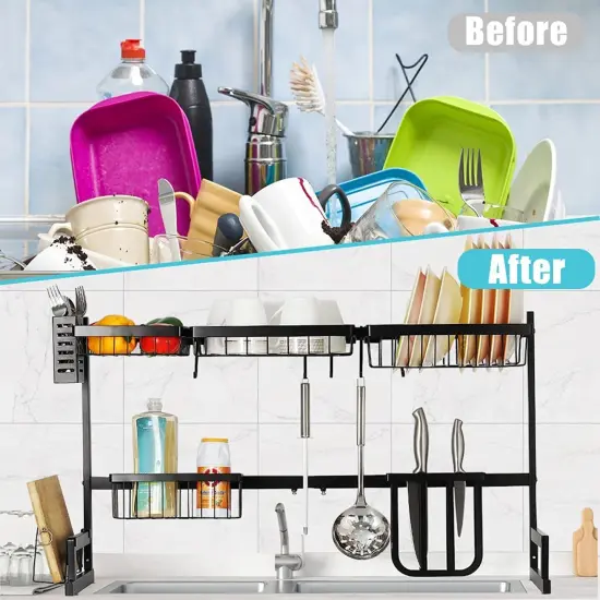 Adjustable Over The Sink Dish Rack Stainless Steel Kitchen Organizer with Removable Utensil Hooks, Rust-Proof Design for Small Spaces {3}