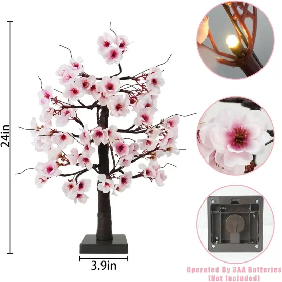 24IN Lighted Cherry Blossom Tree 24 Warm White LED Tabletop Artifical Bonsai Tree with Timer Battery Operated for Wedding Party Spring Christmas Home Indoor Japanese Room Decor {3}