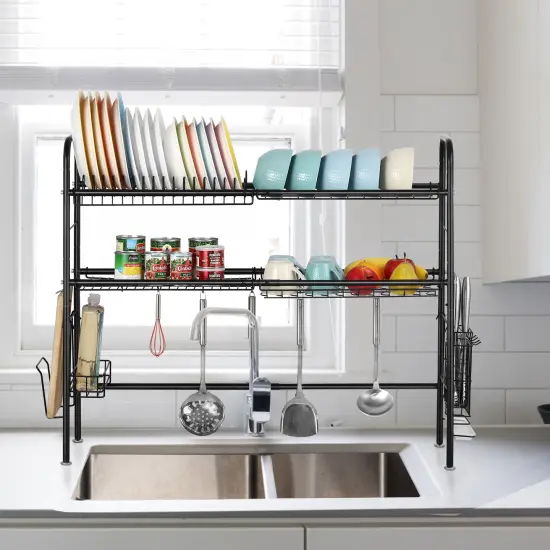 Stainless Steel 2-Tier Adjustable Dish Rack 304 Rust-Proof Kitchen Organizer with Removable Hanging Baskets, Water Tray & Non-Slip Feet Space-Saving Drying Rack for Utensils, Pots, Dishes {5}