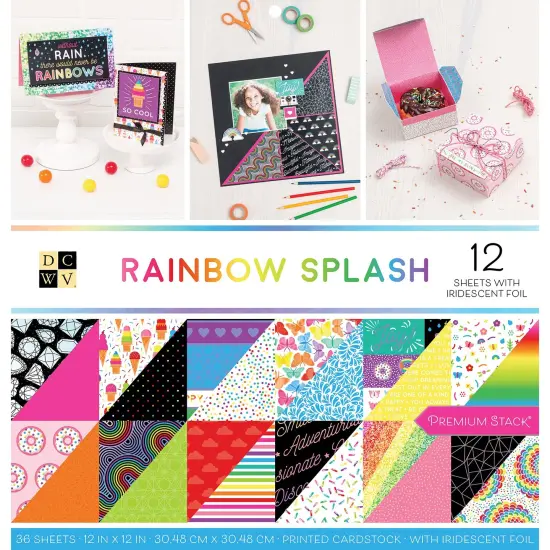 DCWV Double-Sided Cardstock Stack 12"X12" 36/Pkg-Rainbow Splash, 18 Des/2 Each, 12 W/Foil {1}