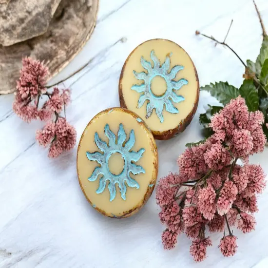 *2* 21mm Turquoise Washed Beige Picasso Table Cut Sun Design Coin Beads {2}