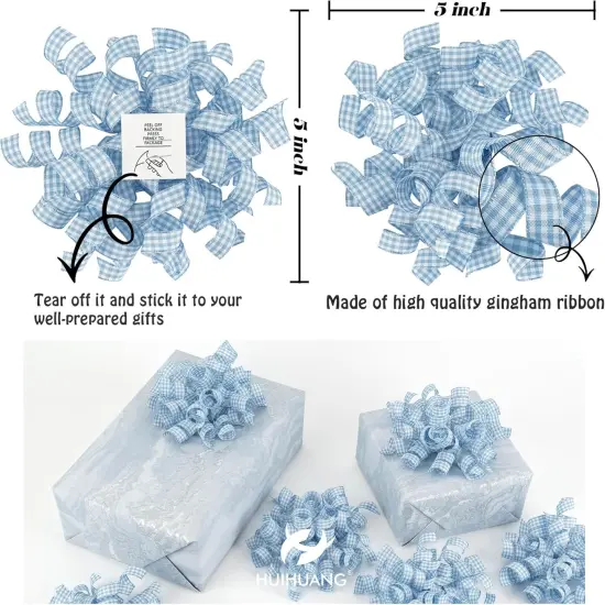 Blue Bows for Gift Wrapping Dusty Blue Plaid Ribbon Bow Self Adhesive Curly Gift Bows for Presents, Treat Bags, Bridal Shower Favors, Wrapping Accessories -5 inch x 8 Counts {2}