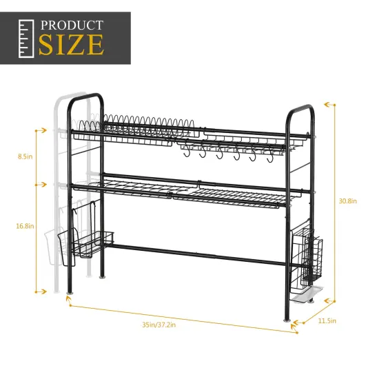 Stainless Steel 2-Tier Adjustable Dish Rack 304 Rust-Proof Kitchen Organizer with Removable Hanging Baskets, Water Tray & Non-Slip Feet Space-Saving Drying Rack for Utensils, Pots, Dishes {2}