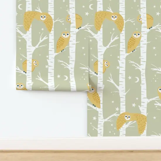 Peel & Stick Wallpaper 2FT Wide Woodland Trees Owls Moon Stars Nursery Baby Kids Nature Birch Sage Yellow Gender Neutral Forest Animals Creature Birds Crescent Custom Removable Wallpaper by Spoonflower {2}