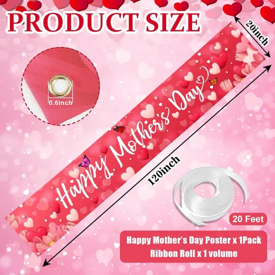 Large Happy Mother's Day Banner Decorations Mothers Day Yard Sign Holiday Hanging Decor 120x20 Inch Love Hearts Flowers Banner Party Supplies {2}