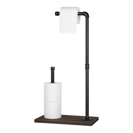 Free Standing Toilet Paper Stand Rustic Industrial Bathroom Organizer with Wooden Base & Matte Iron Black Finish &ndash; 3-Roll Storage, No-Drill Installation {1}