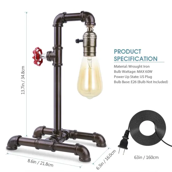 Industrial Water Pipe Table Lamp, Vintage Steampunk Night Light, Rustic Metal Water Pipe Desk Lamp for Bedroom, Living Room, Bar, and Office {2}
