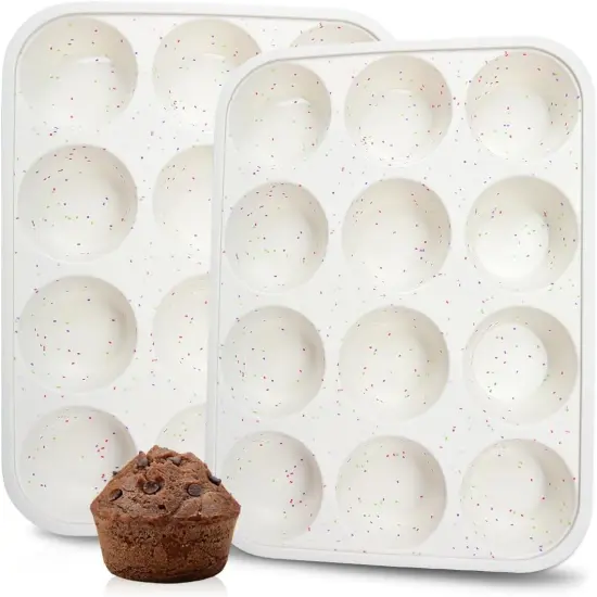 Silicone Muffin Pan, Metal Reinforced Frame Cupcake Pan 12 Cups Regular Size Easy to Move in or Out of Oven Non-Stick (2) {5}