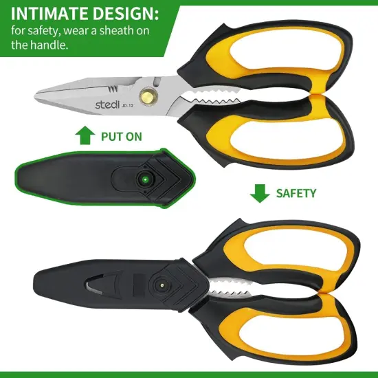 8-inch Scissors Heavy Duty, Multipurpose Scissors, Stainless Steel Blade, with Small Serrations and Protective Cover, Comfortable Non-Slip Handle, Easy Cutting Cardboard,Wires,Leather, Fabric. {5}