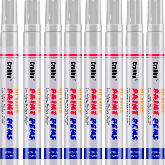 White Paint Markers, 8 Pack Oil-Based Waterproof Quick Dry and Permanent Paint Pen Set for Rocks Painting, Wood, Plastic, Canvas, Glass, Mugs, Metal, Tire, Stone, DIY Craft {1}