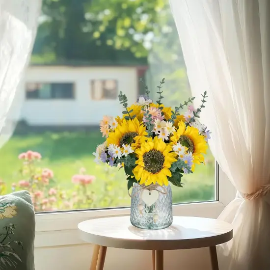 Sunflower Fake Flowers in Vase: Sunflowers Artificial Flowers with Vase for Table Centerpieces Decor - Silk Flower Bouquet Faux Arrangements Kitchen Bathroom Wedding Party Decoration {5}