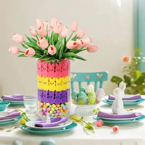 Easter Decorations, 16 Artificial Tulips with 48 Bunnies and a Bag of Eggs Vase Filler Set, Easter Centerpiece Table Decorations, Spring Home Decoration for Tables (Pink) {5}