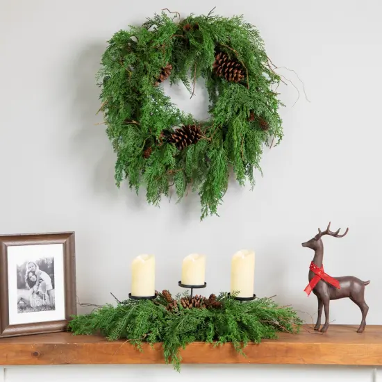 Northlight Pine Cone and Mixed Foliage Christmas Pillar Candle Holder - 30" Green {4}