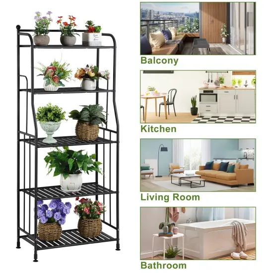 5 Tier Iron Floor Standing Storage Rack, Small Bookshelf, Multi-Purpose Plant Rack, Living Room Kitchen Bedroom Organizer {4}