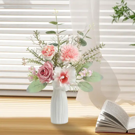 Artificial Flowers in Small Ceramic Vase-Blue Fake Flowers Floral Arrangements Silk Flower Home Decor Faux Flower Plant with Vase for Centerpiece Dining Table Decorations (Pink) {5}