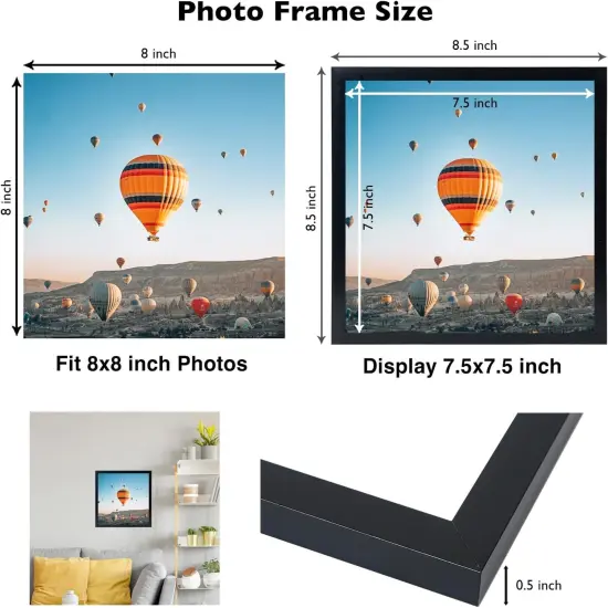 8x8 Picture Frame Set of 4 Black for Wall Hanging or Tabletop, Wall Mounting Horizontally or Vertically, 8 x 8 Square Wall Gallery Poster Photo Frame with Shatter Resistant Plexiglass, 4 Pack, Black {3}
