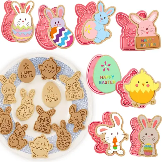 8 Styles Easter Bunny Cookie Cutters, Easter Biscuit Fondant Pastry Cookie Cutter Stamps for Baking, Easter Fun Cookie Cutters Shapes with Bunny Egg Carrot for Party Decorations {1}