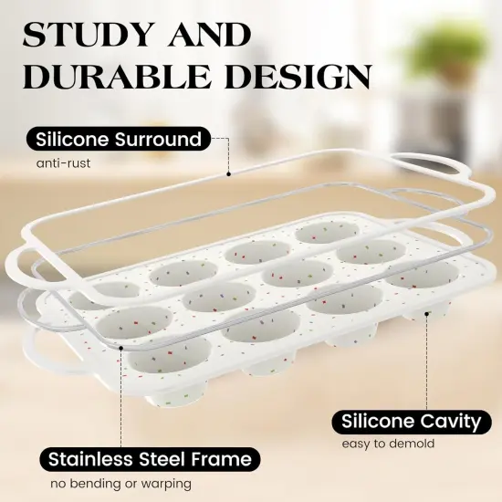 2 Pcs Silicone Muffin Pan for Baking Nonstick 12 Cup Standard Cupcake Pan Silicone Cupcake Mold with Metal Reinforced Frame BPA Free (Cream) {2}