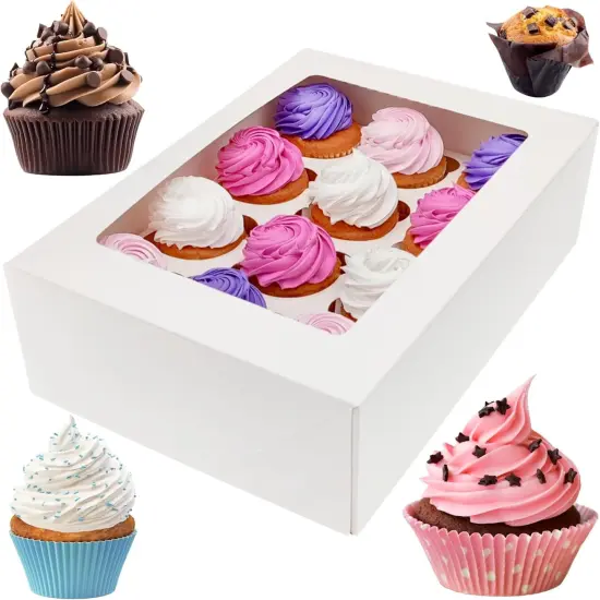 White 12 Cupcake Boxes, Cupcake Containers | 13x9.5x4, 25 Pack | 12 Cupcake Box Bulk, Cupcake Boxes 12 Count Carrier, Option to 14x10x4 Bakery Boxes with Window, &frac14; Sheet Cake Box 13x9 Inches {1}