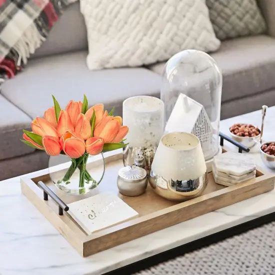 Artificial Peach Tulips in Vase with Faux Water 6" Real Touch Flowers Fake Tulips Small Flowers Arrangement in Round Glass Vase for Mother's Day Table Centerpiece Wedding Home Decor {5}