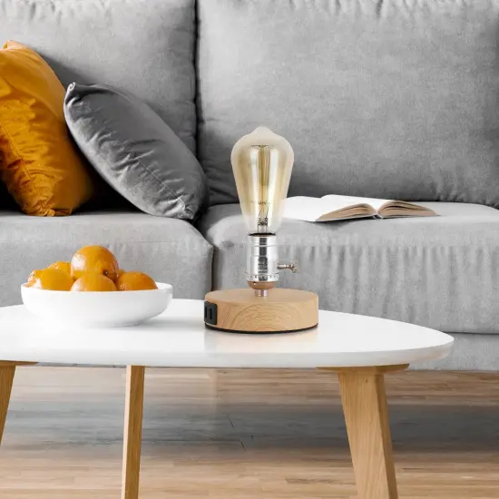 Small Industrial Table Lamp with 2 USB Ports & Wooden Base Vintage Desk Light for Bedroom, Dorm, Nightstand {5}