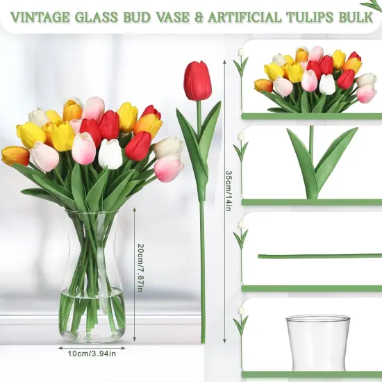20 Pcs Artificial Flowers with Vase, 14 inch Faux Tulip Flowers Bouquet in Glass Vase {2}