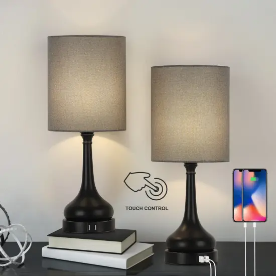 2PCS Table Lamp Bedside Lamp Touch Control 2 USB Ports for Bedroom Living Room {1}