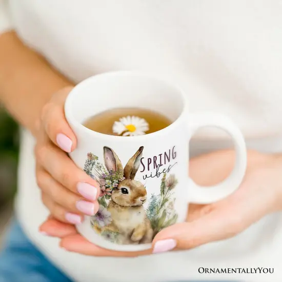 Artistic Watercolor Spring Vibes Mug, Floral Bunny Gift {2}