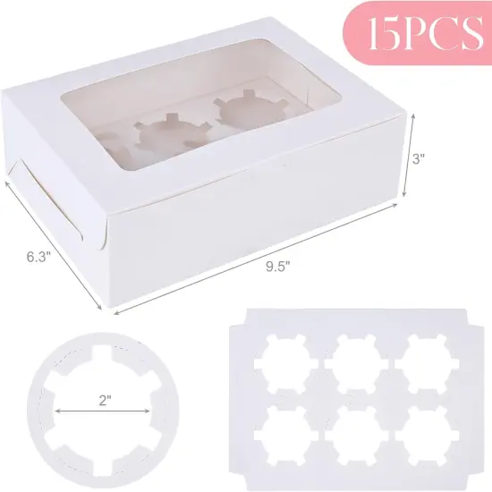 6 Count White Cupcake Boxes, 15 Pack Cupcake Containers, 9.5 x 6.3 x 3 inches, Holding 90 Pastry Box for Birthday Holiday Party Bakery Supplies {2}