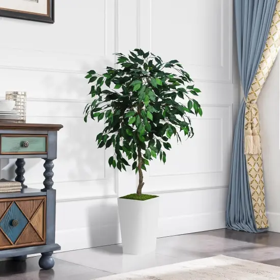 Artificial Ficus Tree 5FT - Faux Indoor Tree with White Tall Planter - Fake Ficus Floor Plant Potted - Artificial Silk Tree for Home Office Living Room Decor Indoor {2}