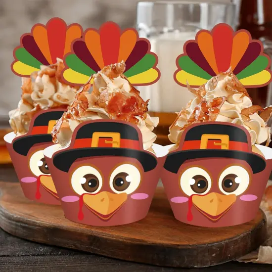 48Pcs Thanksgiving Cupcake Wrappers & Toppers Set {3}